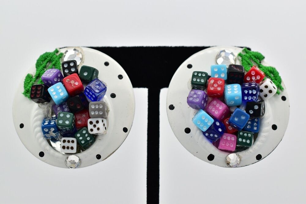 Vintage Casino Clip On Earrings Dice Money Sign Play Gambling Chunky 1980s BinBB